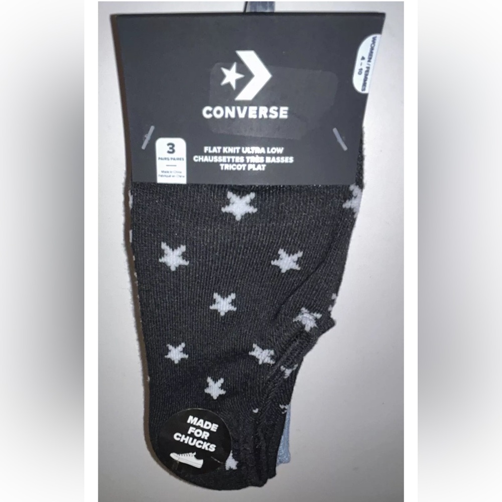 Converse Flat Knit Ultra Low Socks 3 Pair Women 4-10 Black Blue Gray Logo Chucks - Picture 9 of 9